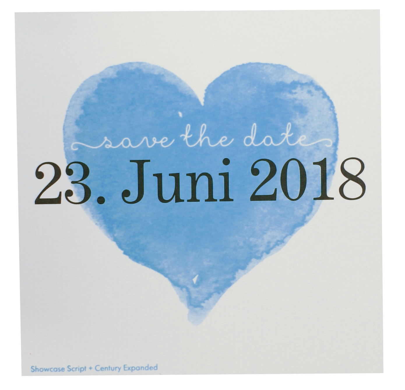 Blankokarte / Save the Date-Karte 10,5x10,5 cm cremeweiß metallic - Beispiel mit blauem Herz