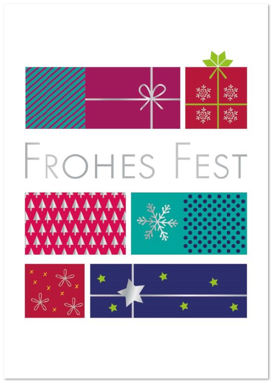 Farbenfrohe Weihnachtskarte mit bunten Geschenken und "Frohes Fest"