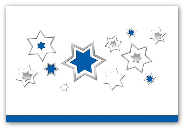 Weihnachtskarte in weiss mit Sternen und blauem Falteinleger