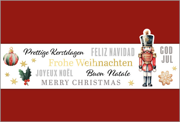 Rote Weihnachtskarte mit Nussknacker und internationalen Weihnachtsgrüßen, inkl. Einleger