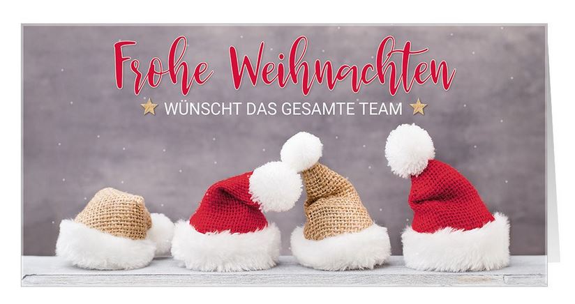 Lustige Firmenweihnachtskarte mit Grüßen vom Team und Weihnachtsmützen, DIN lang