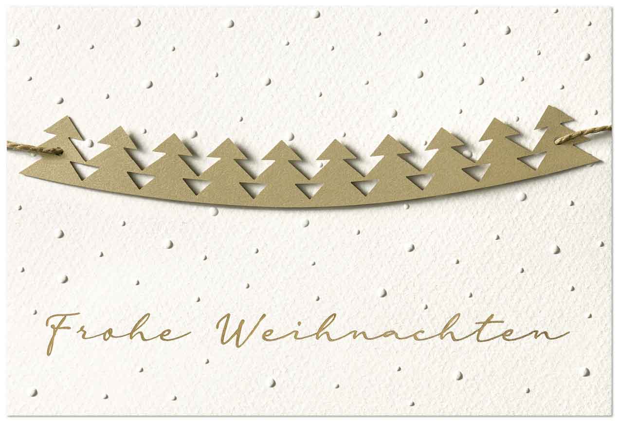 Weihnachtskarte mit "Frohe Weihnachten" und einer Girlande aus goldenen Weihnachtsbäumen