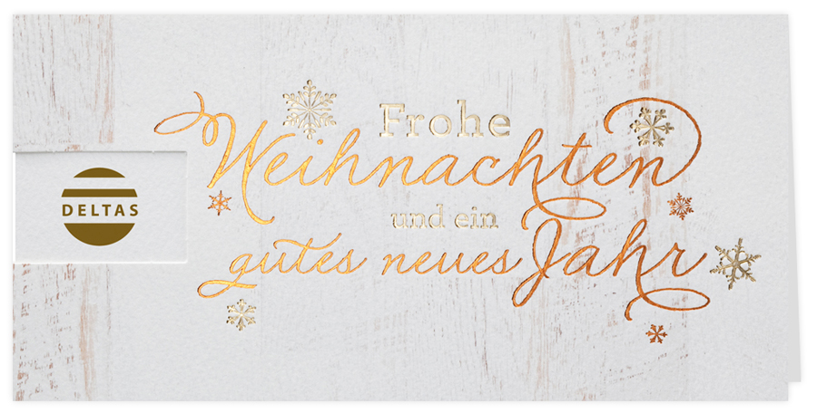 Firmen-Weihnachtskarte als Logokarte mit Gold- und Kupferfolienprägung und Holzstruktur