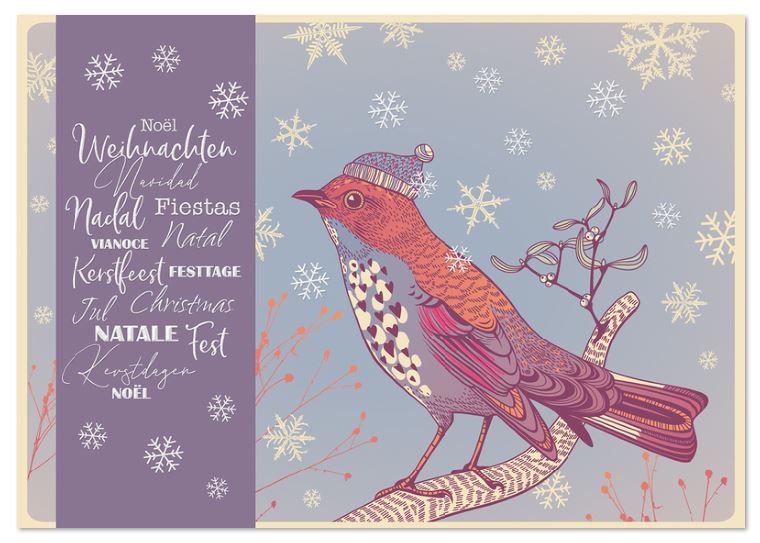 Mehrsprachige Weihnachtskarte im Vintage-Stil mit kleinem Vogel auf einem Ast, inkl. Einlegeblatt