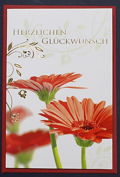 Glückwunschkarte  Gerbera und Golfolienreliefprägung