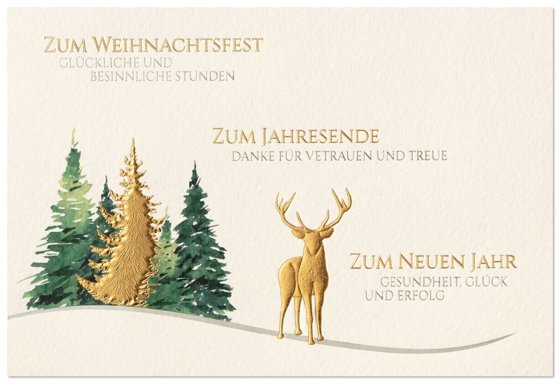 Geschäftliche  Weihnachtskarte mit Firmenweihnachtsgrüßen, goldenem Hirsch und Tannen