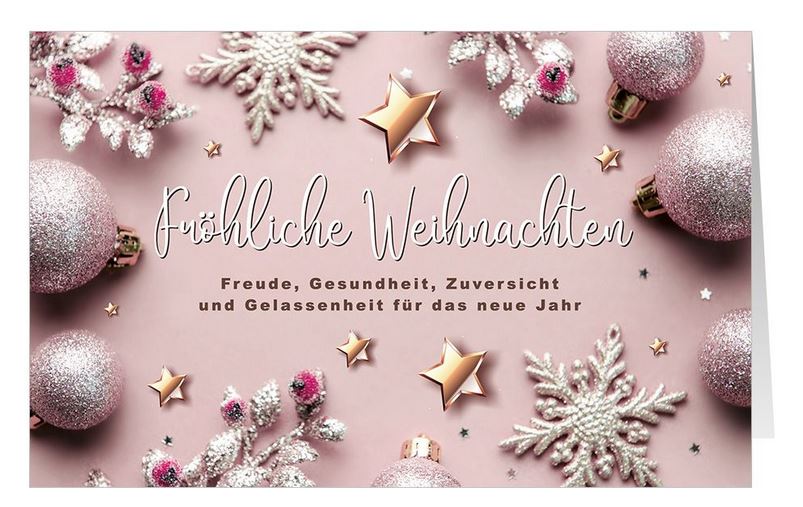 Zartrosafarbene Weihnachtskarte "Fröhliche Weihnachten - Freude, Gesundheit, Zuversicht und Gelassenheit"