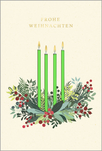 Weihnachtskarte mit Kerzen im floralen Gesteck, Weihnachtsgruß und Laserstanzung, Einleger grün