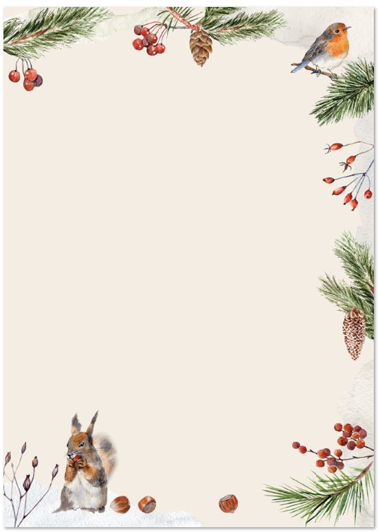 Tierisches Weihnachtsbriefpapier, DIN A4 mir Rotkehlchen und kleinem Eichhörnchen