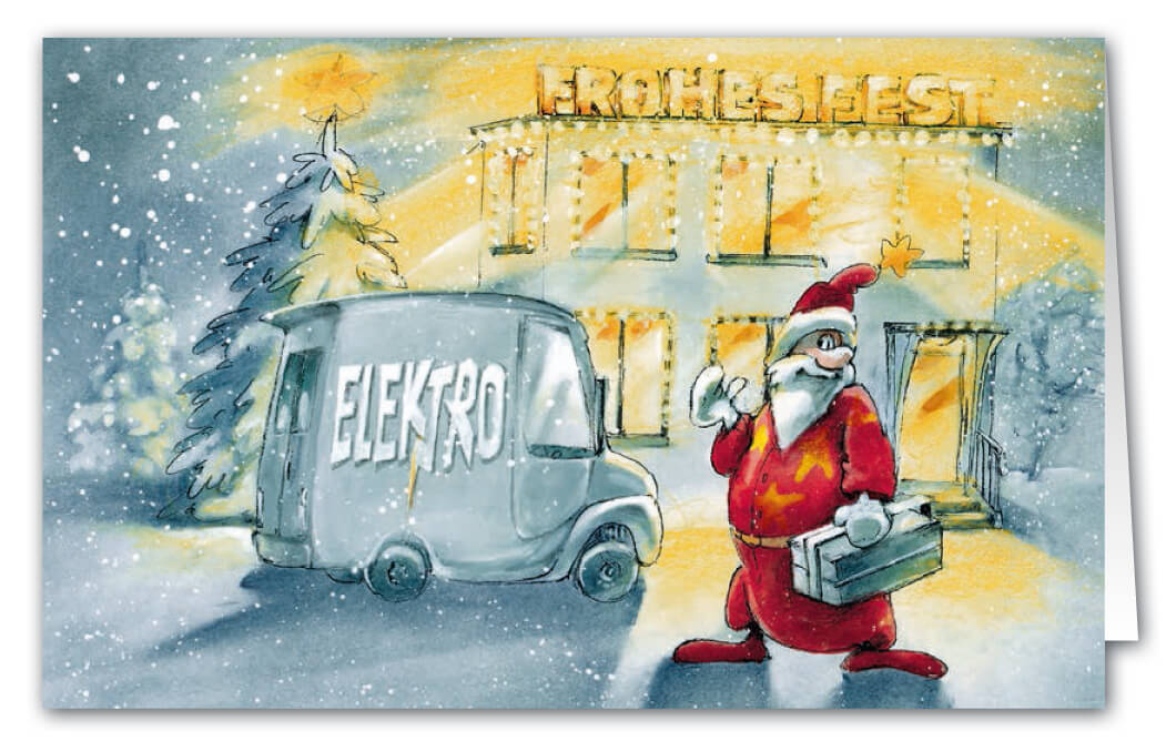 Weihnachts-Branchenkarte für Elektriker und Elektroinstallation mit lustigem Motivdruck und Weihnachsgruß