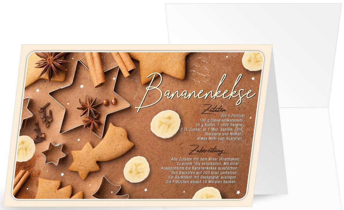 Weihnachtliche Rezeptkarte mit Zutaten und Zubereitung für leckere Bananenkekse