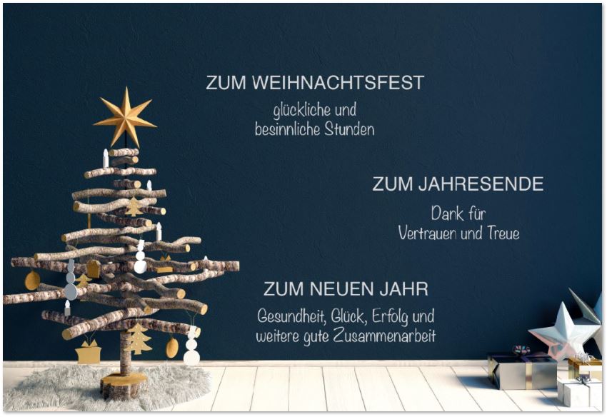 Firmengrußkarte zu Weihnachten mit Dank für Vertrauen und Treue sowie Weihnachts- und Neujahrsgruß