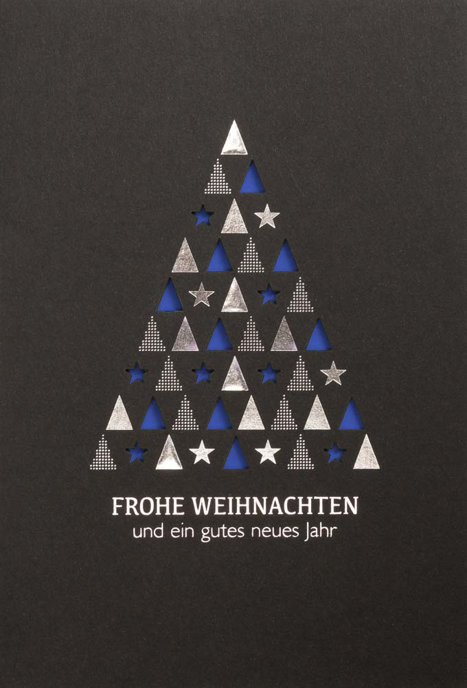 Schwarze Laserkarte mit blauem Falteinlegeblatt, Weihnachtsgruß und Silberfoliendruck