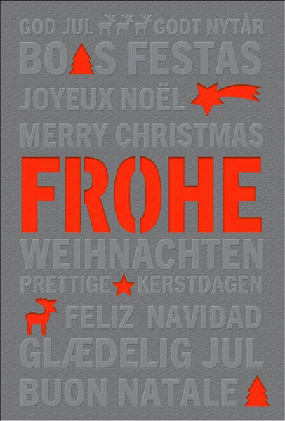 Anthrazitfarbene, mehrsprachige Weihnachtskarte mit Stanzung und rotem Einleger innen