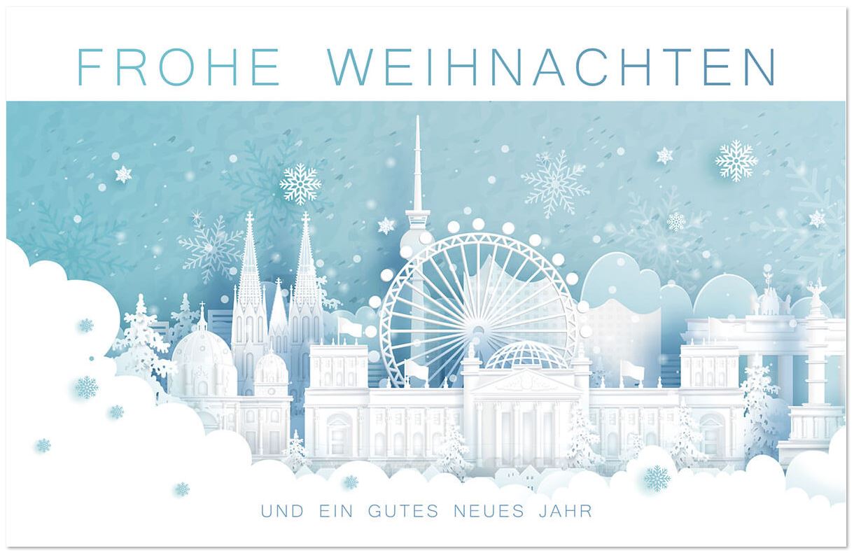 Weihnachtskarte mit Spende für die DKKS in blau und weiß "Kleine Welt in Watte"