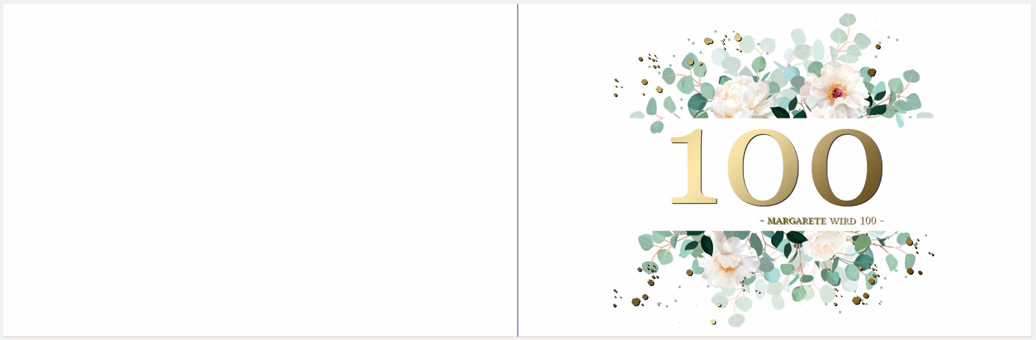 Einladung zum 100. Geburtstag als Klappkarte mit floralem Druck und edler Goldfolienprägung der Jubiläumszahl