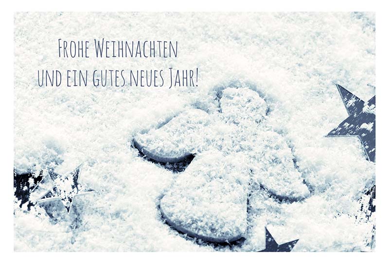 Winterliche Weihnachtsgrußkarte mit Engel im Schnee, Weihnachtsgruß und Sternen