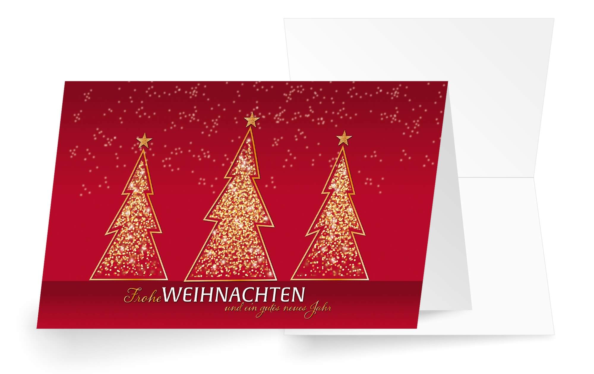 Rote Spendenkarte mit goldglitzernden Weihnachtsbäumen zugunsten Ärzte ohne Grenzen