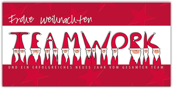 Humorvolle geschäftliche Weihnachtsgrußkarte in rot mit Weihnachts- und Neujahrsgruß vom Team