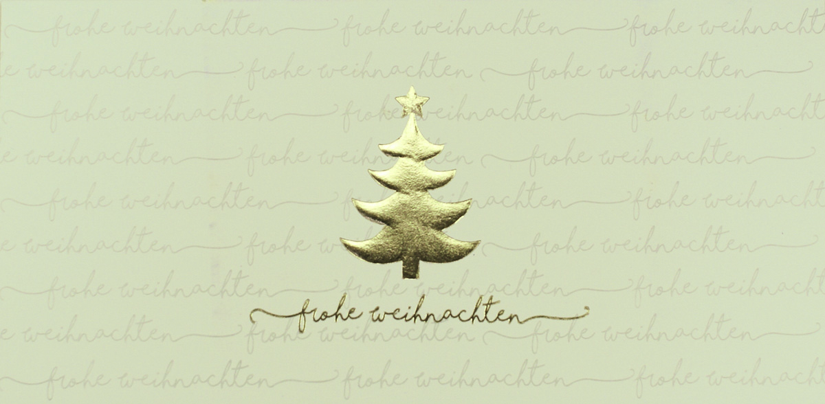 Cremefarbene Weihnachtskarte mit Goldfolienprägung Tannenbaum und Frohe Weihnachtten