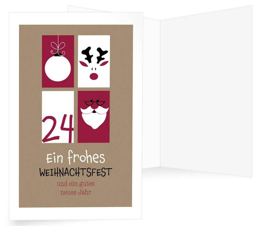 Witzige Weihnachtskarte mit Weihnachtsmann, Rentier, Christbaumkugel und der Zahl 24 