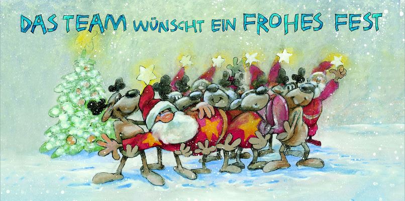 Lustige Firmenweihnachtskarte mit Weihnachtsmänner, Rentiere und weihnachtlichen Grüßen vom Team