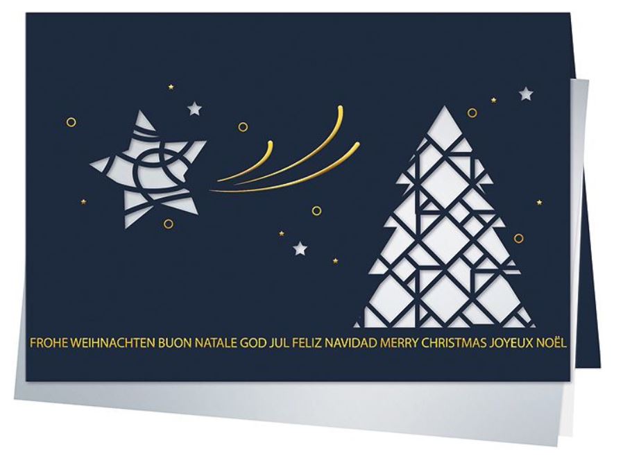 Dunkelblaue Weihnachtskarte mit filigraner Laserung und internationalen Grüßen in gold, Einleger silber