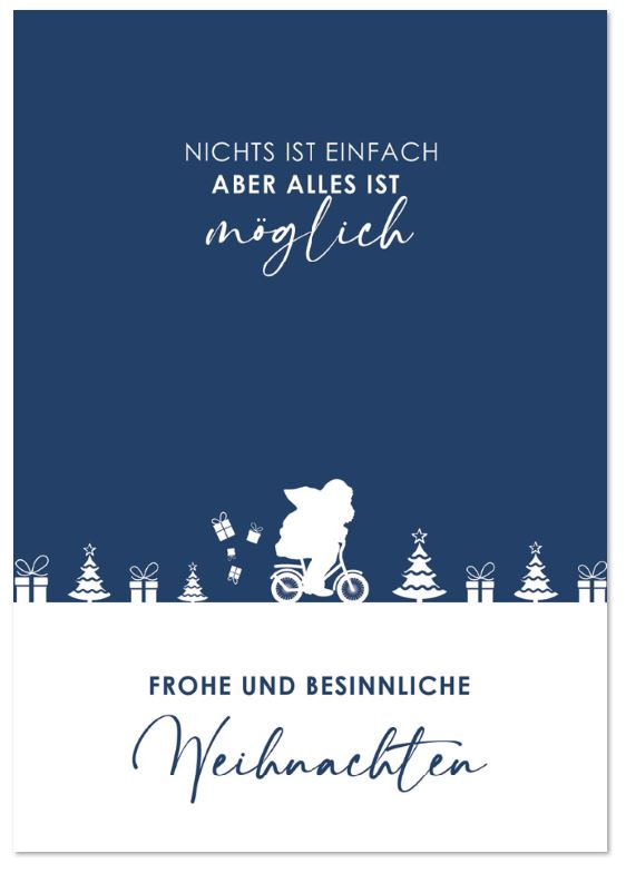 Originelle Weihnachtskarte "Santa Claus on Tour" mit Weihnachtsgruß und Botschaft für das neue Jahr