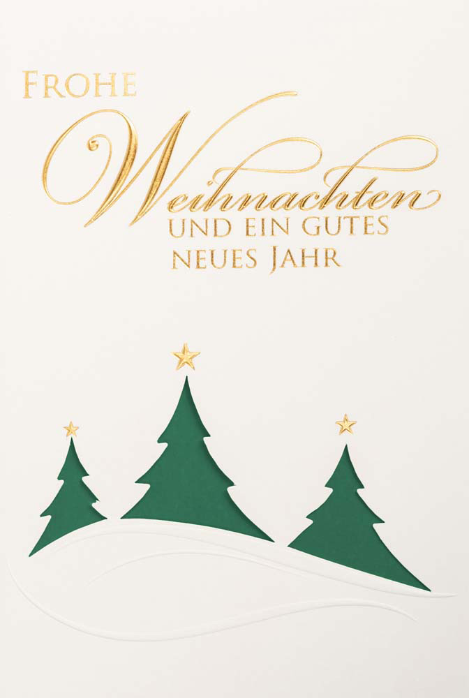 Weiße Weihnachtskarte mit Goldfolienprägung Weihnachtsgruß und dunkelgrünem Einlegeblatt