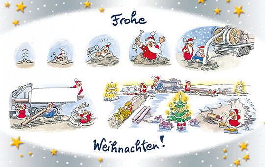 Humorvolle Branchenweihnachtskarte für Tief- und Rohrleitungsbau