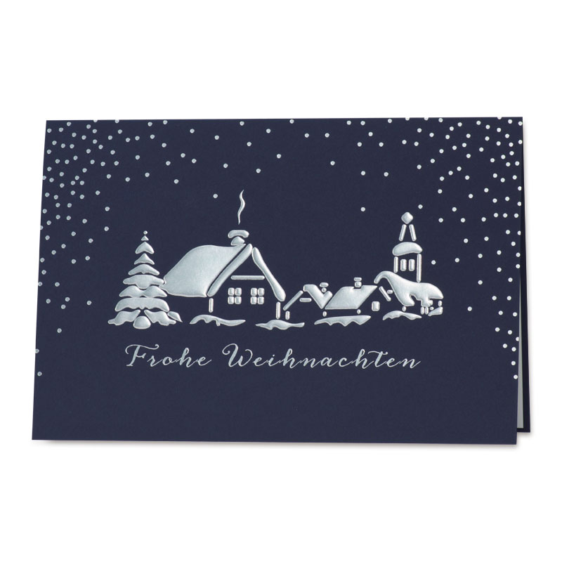 Spendenkarte in blau mit silbernem Dorf und Weihnachtsgrüßen zugunsten Herzenswünsche e.V.