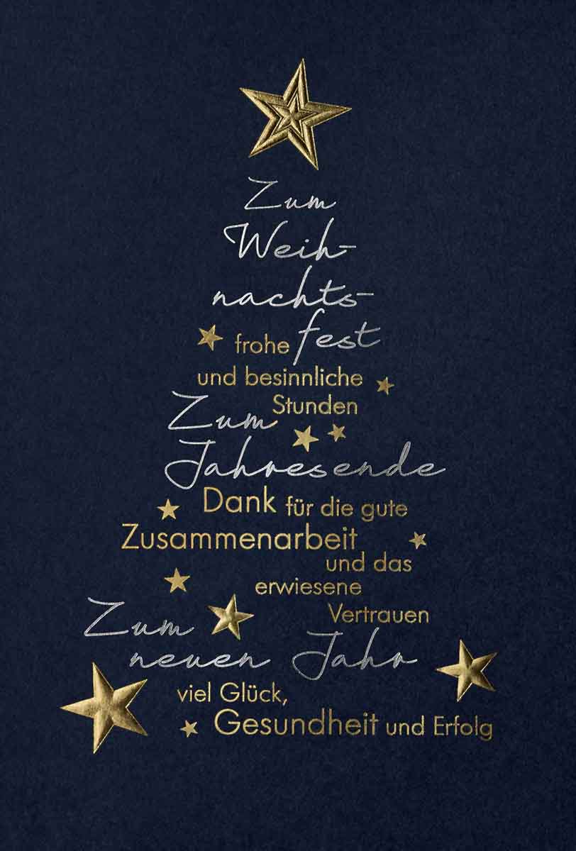 Dunkelblaue Weihnachtskarte mit Silber- und Goldfolienprägung von Firmengruß und Sternen