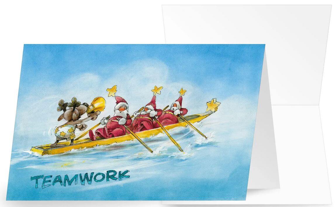 Humorvolle Firmenweihnachtskarte "Teamwork" mit Weihnachtsmännern als Gruppe im Kanu