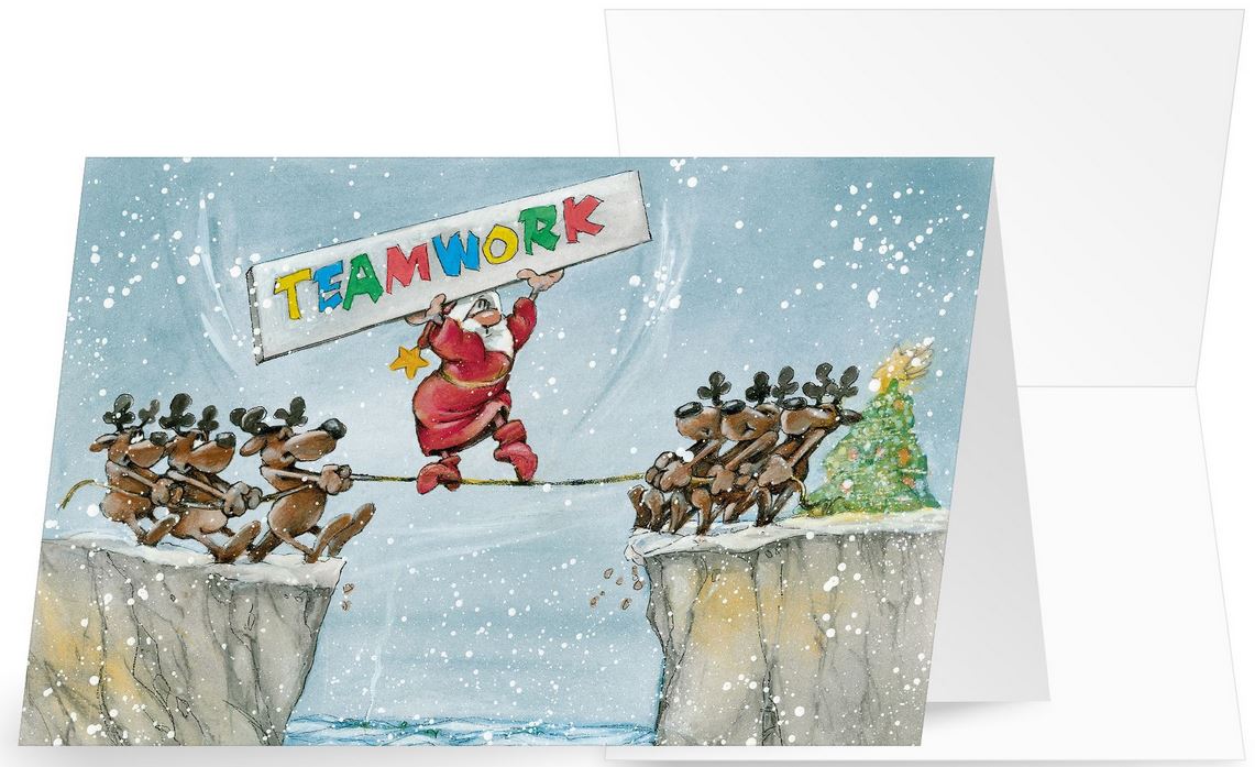 Fröhliche Firmen-Weihnachtskarte "Teamwork" mit dem Weihnachtsmann und seinen Rentieren beim Balancieren