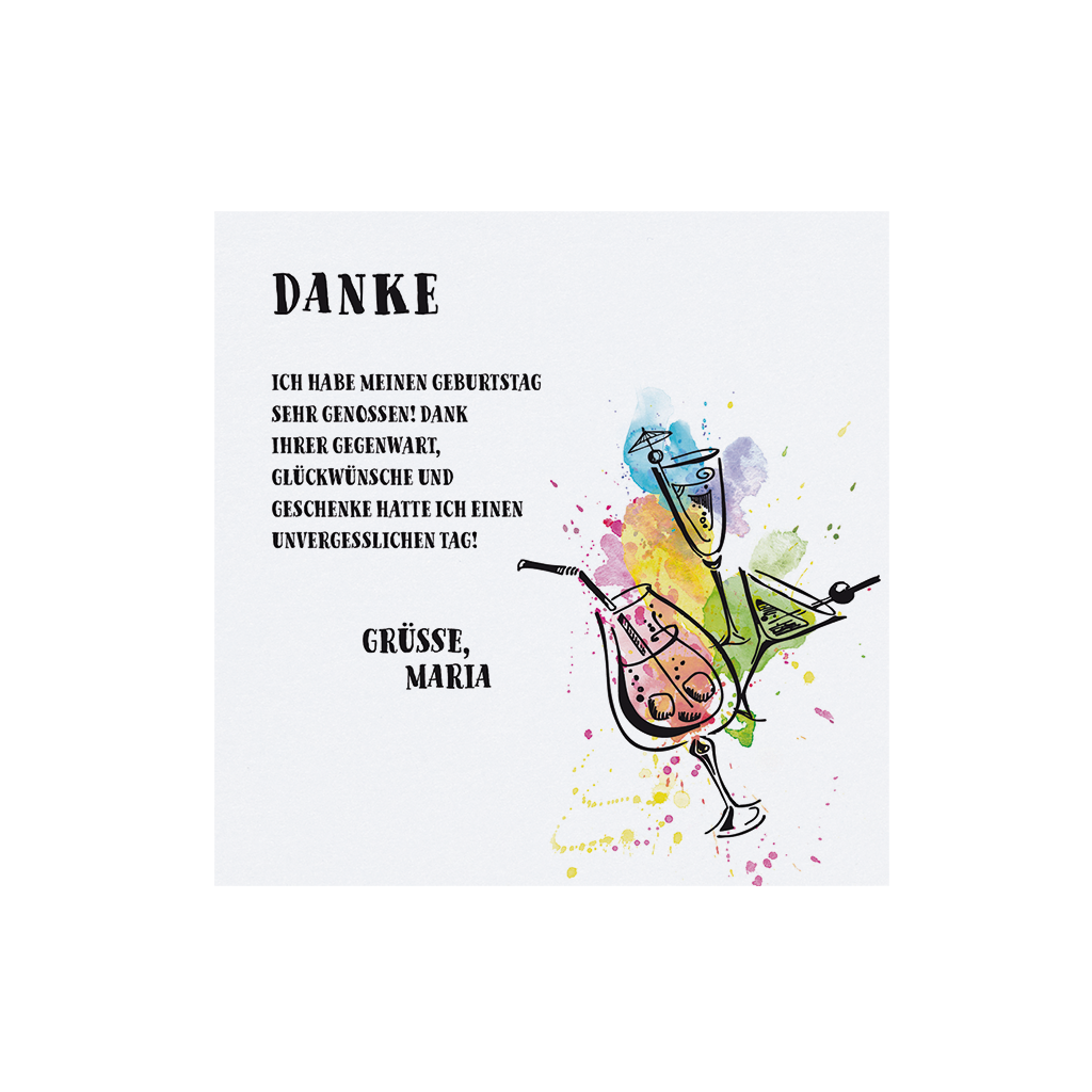 Bunte Dankkarte / Save the Date Karte mit Gläsern und Farbklecksen