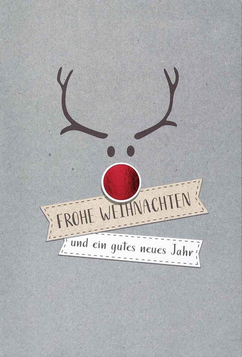 Witzige Weihnachtskarte mit Geweih und roter Nase des Rentieres sowie Weihnachtsgruß