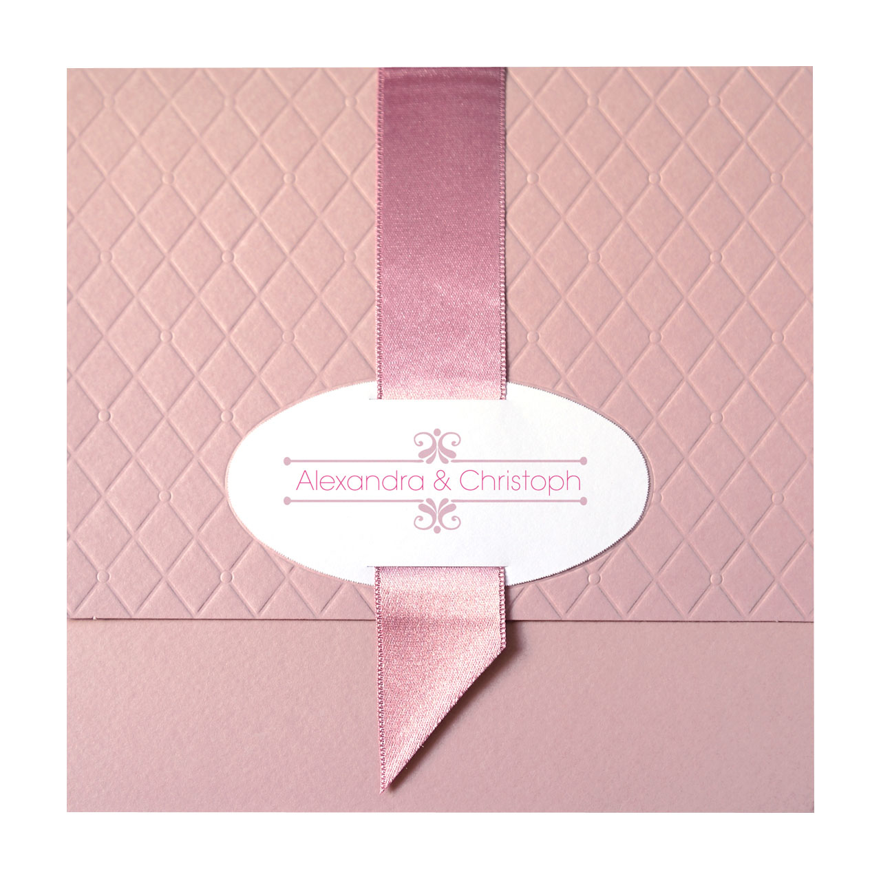 Einladungskarte rosa mit Rautenmuster, Band altrosa