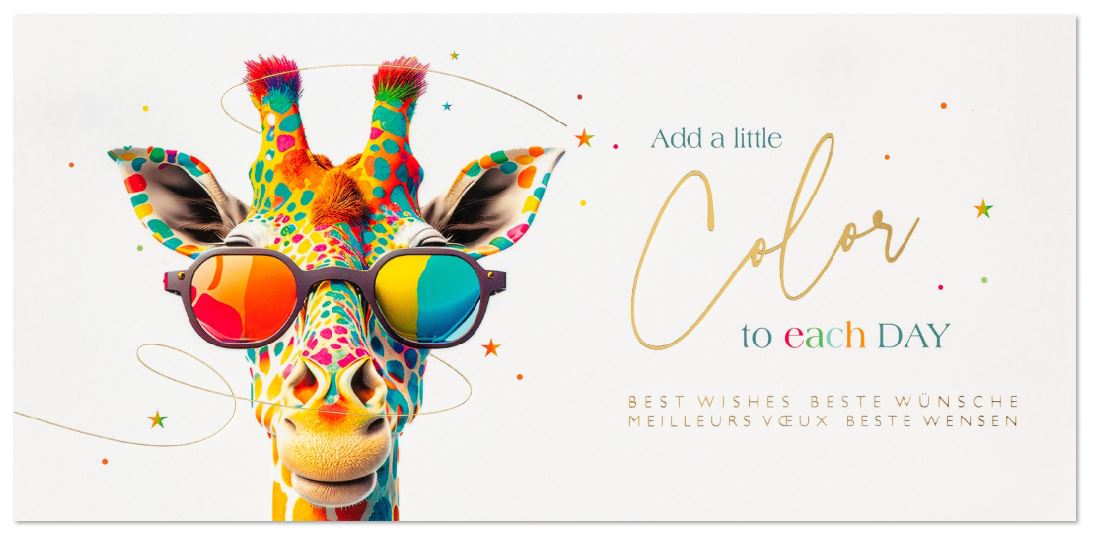 Mehrsprachige Neujahrskarte "Add a little color to each day" mit bunter, cooler Giraffe