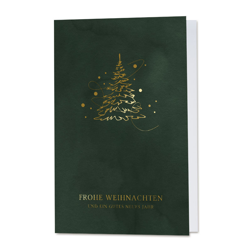 Grüne Weihnachtskarte im Hochformat mit edler Goldfolienprägung, Baum und Weihnachtsgruß