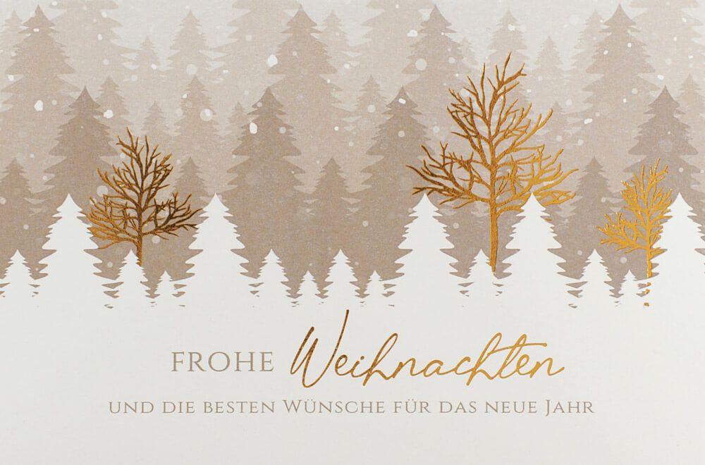 Cremefarbene Weihnachtskarte mit Wald und Bäumen inkl. Weihnachtsgruß in gold