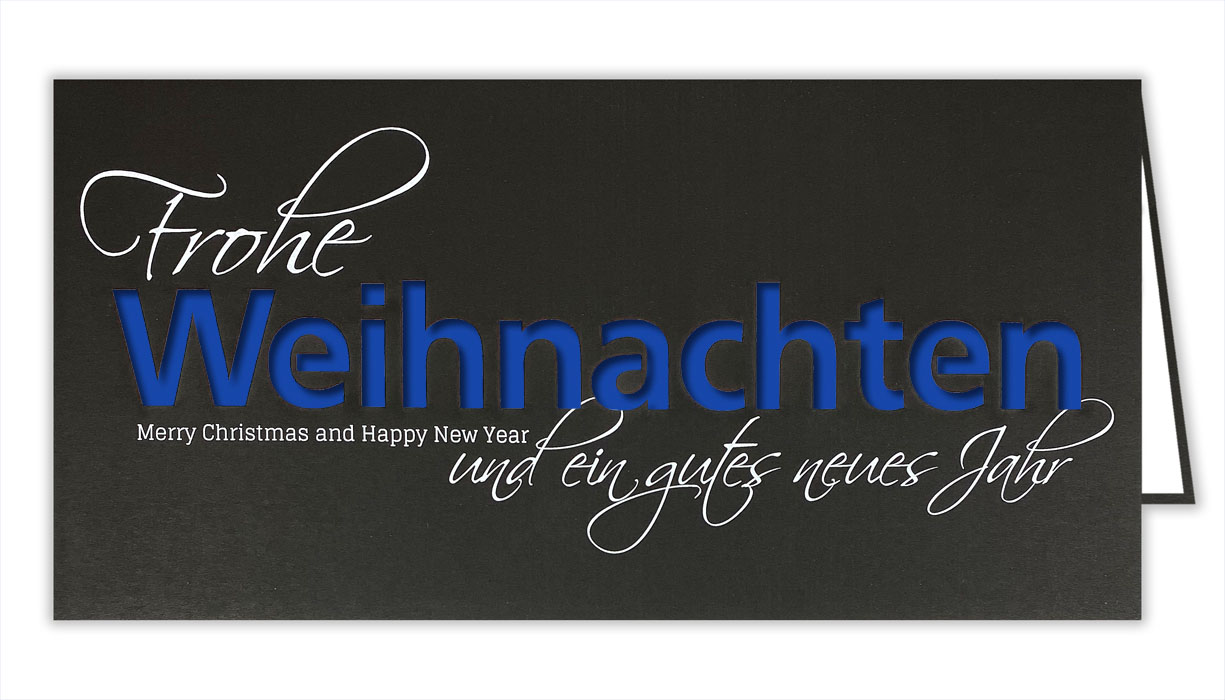 Schwarze Weihnachtskarte mit weißem Schriftzug und blauem Falteinleger im Inneren der Karte