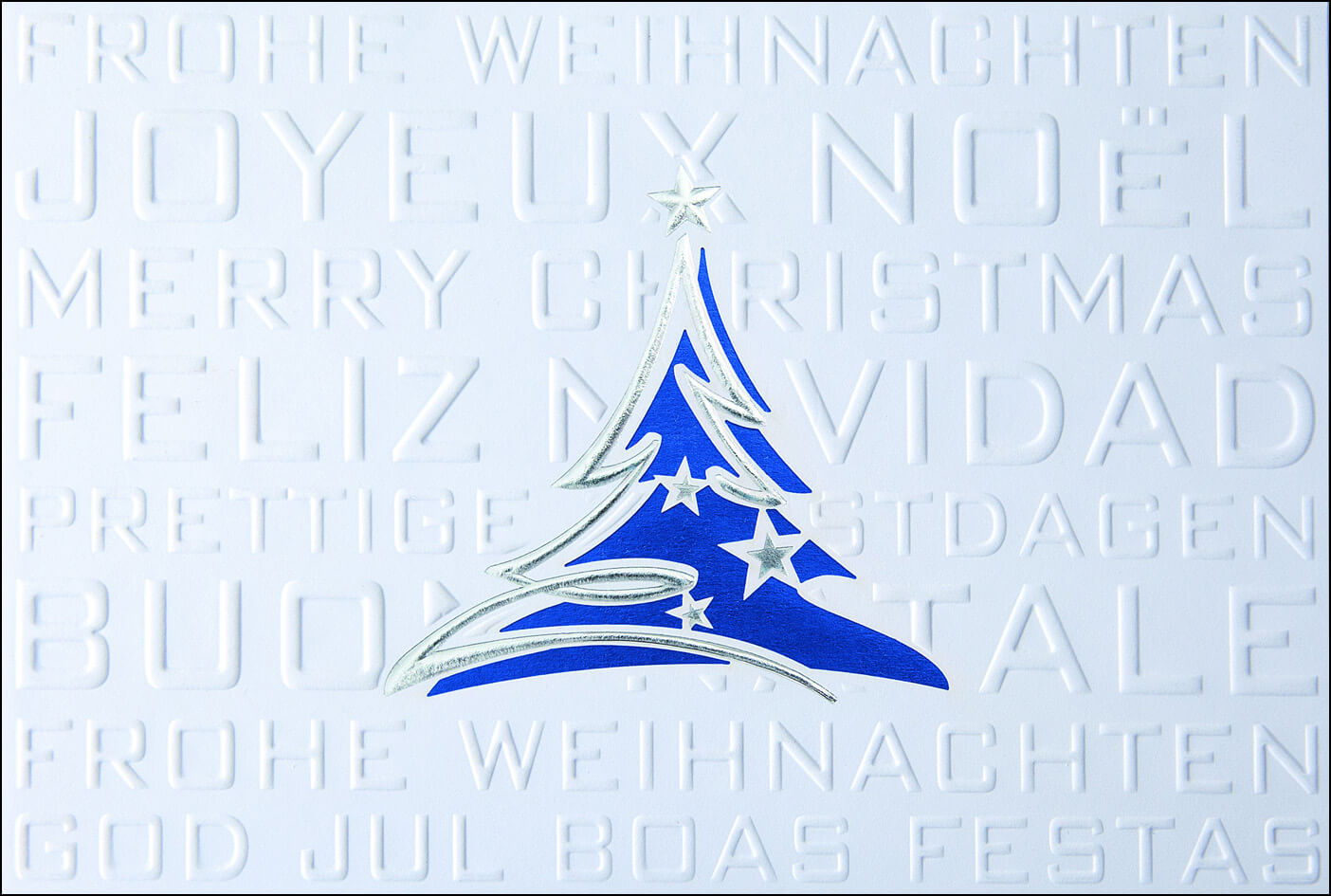 Weiße Weihnachtskarte mit internationalen Weihnachtsgrüßen und Weihnachtsbaum - Einleger blau