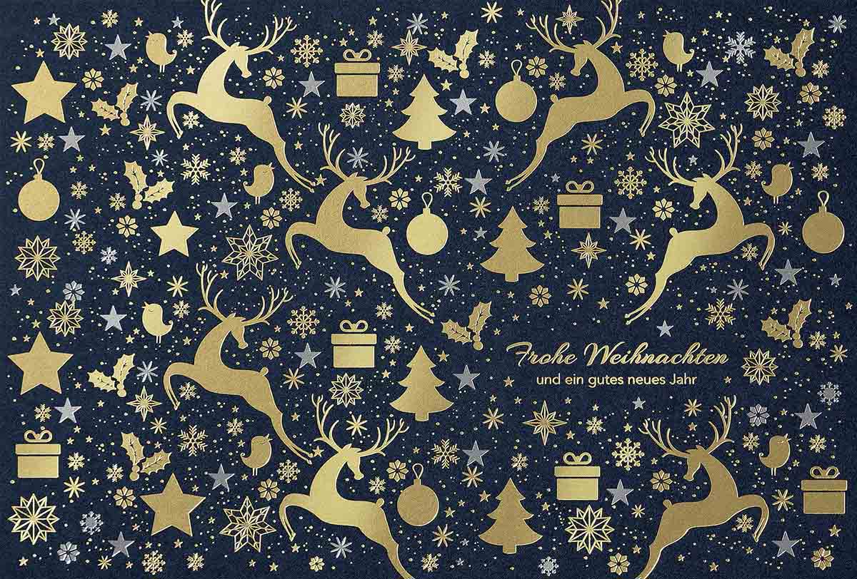 Nachtblaue Weihnachtskarte mit edler Goldfolienprägung von weihnachtlichen Motiven mit Gruß