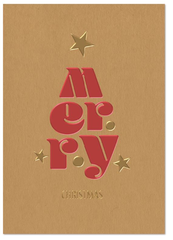 Moderne Weihnachtskarte aus braunem Kraftkarton mit "Merry Christmas" und Sternen in Gold- und Rotprägung