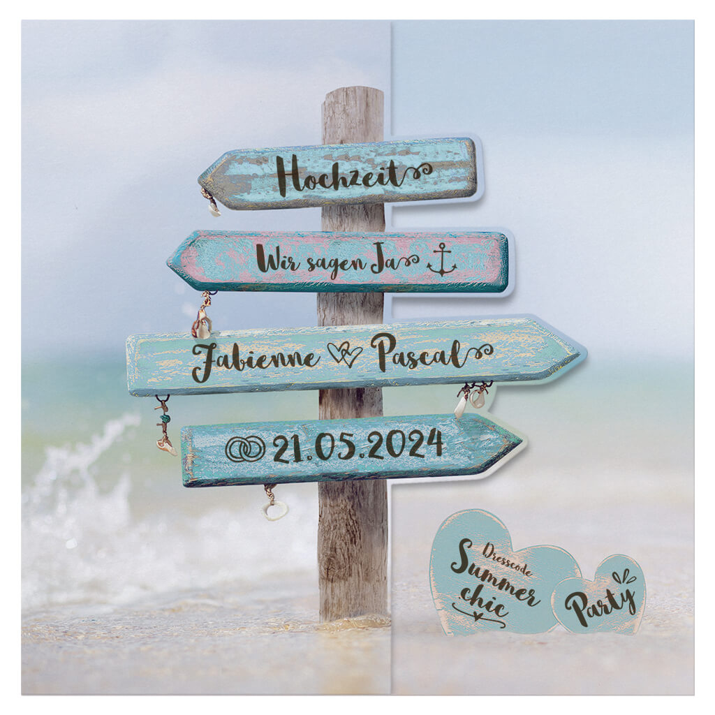 Maritime Hochzeitseinladungskarte "Strand" mit Schilderbaum, Strand und Meer