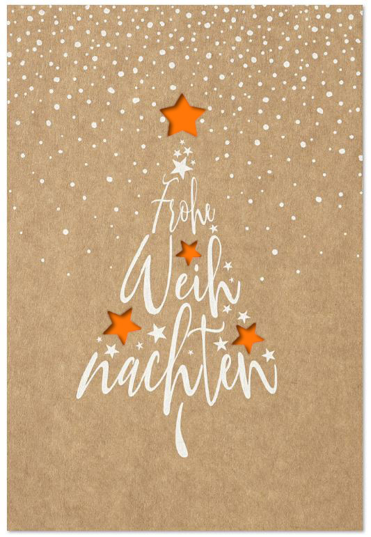 Laser-Weihnachtskarte mit Schneeflocken, Sternen und Gruß "Frohe Weihnachten", Einleger orange