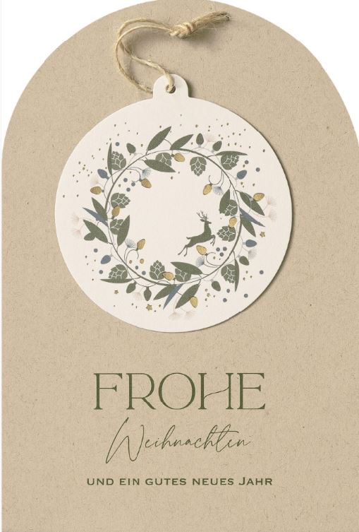 Ausgefallene Weihnachtskarte mit angebundener Weihnachtskugel, floralem Druck und Schnur