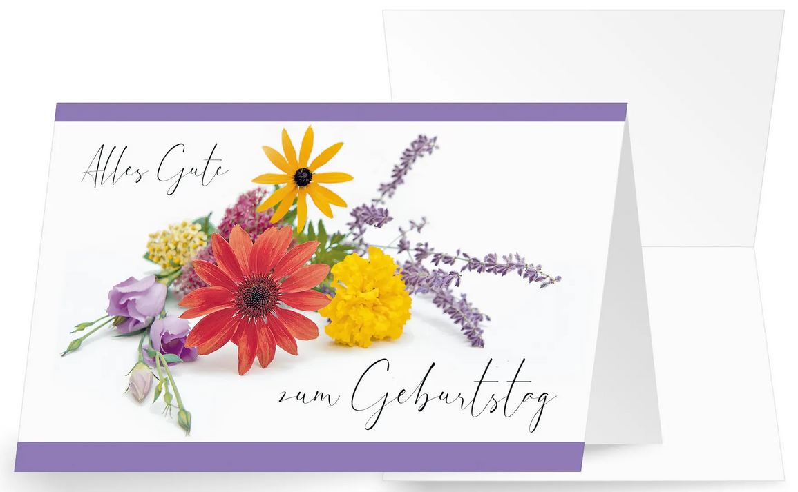 Farbenfrohe Geburtstagskarte mit "Alles Gute zum Geburtstag" und bunten Blumen