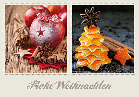 Duftweihnachtskarte mit Zimtstangen, Winterapfel und leckeren Orangenkeksen mit Sternanis