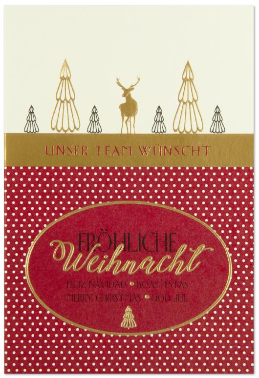 Team-Weihnachtskarte mit internationalen Weihnachtsgrüßen und goldenem Hirsch